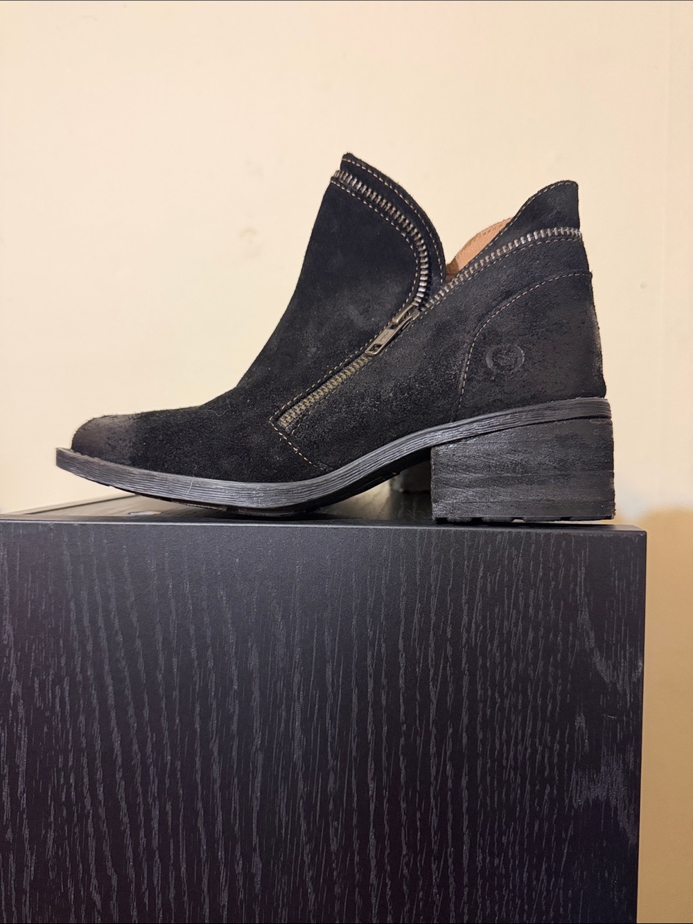 Born Black Suede Ankle Bootie with Side Zip and Low Block Heel